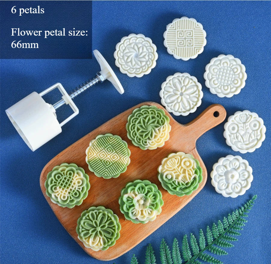 DIY Mooncake Mold Hand Press Set – 6 Stamp Designs, 50g