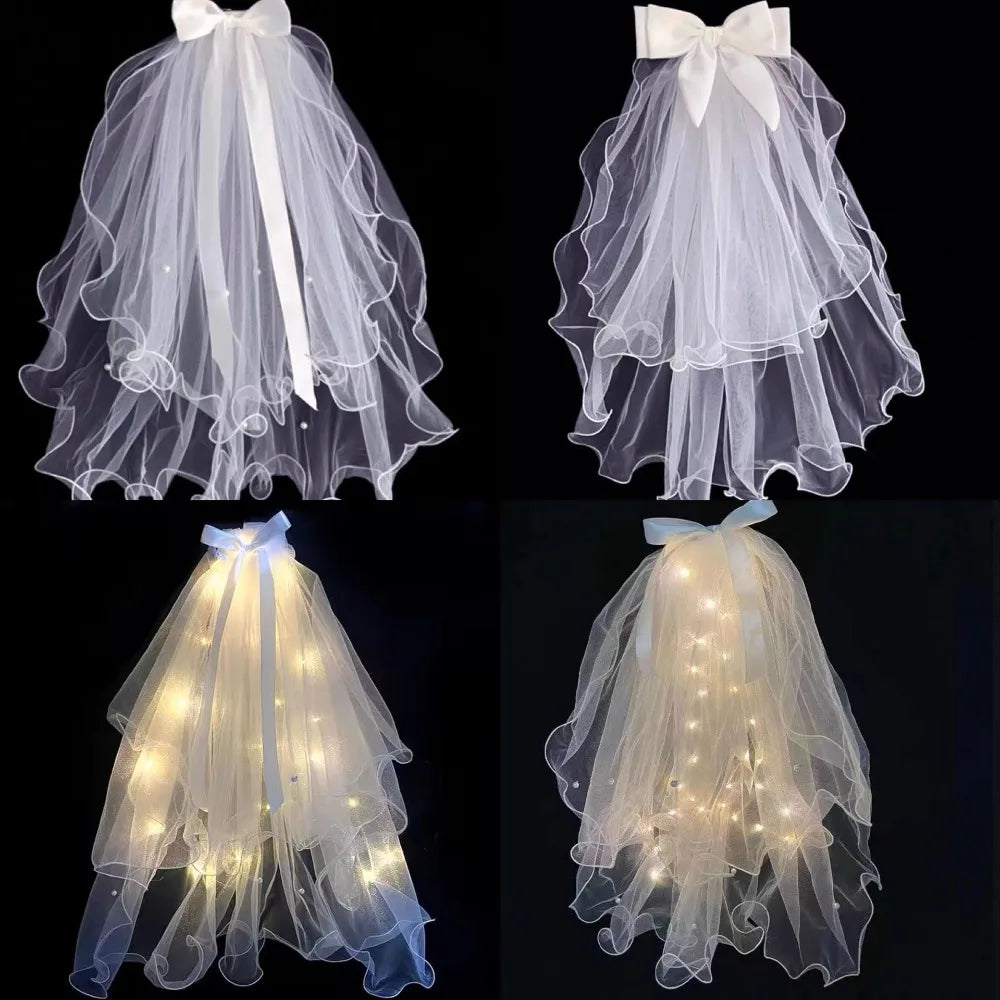 White Tulle Bridal Veil with Pearls & Clip – 21.6 Inch