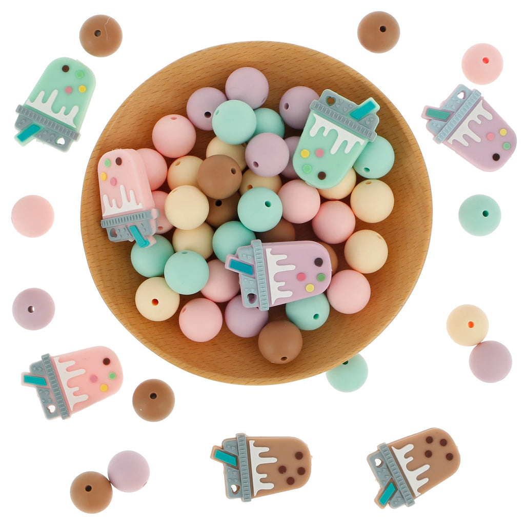 58 Pcs Silicone Beads Bulk – 15mm Round & Bubble Tea Shapes DIY Craft Beads Nixie 58pcs