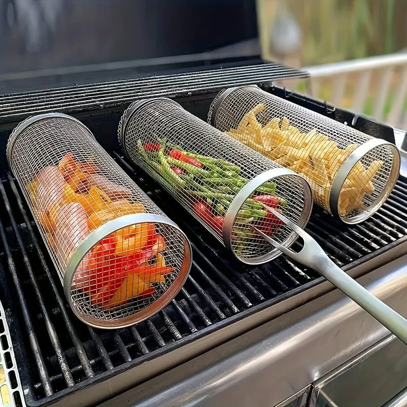 2pc Stainless Steel Rolling Grill Basket Set | BBQ Cylinder Mesh BBQ Grill Basket Nixie