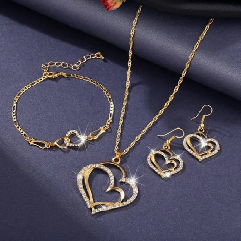 4pcs Gold Necklace Earrings Bracelet Set – Vintage Peach Heart Jewelry Set Nixie
