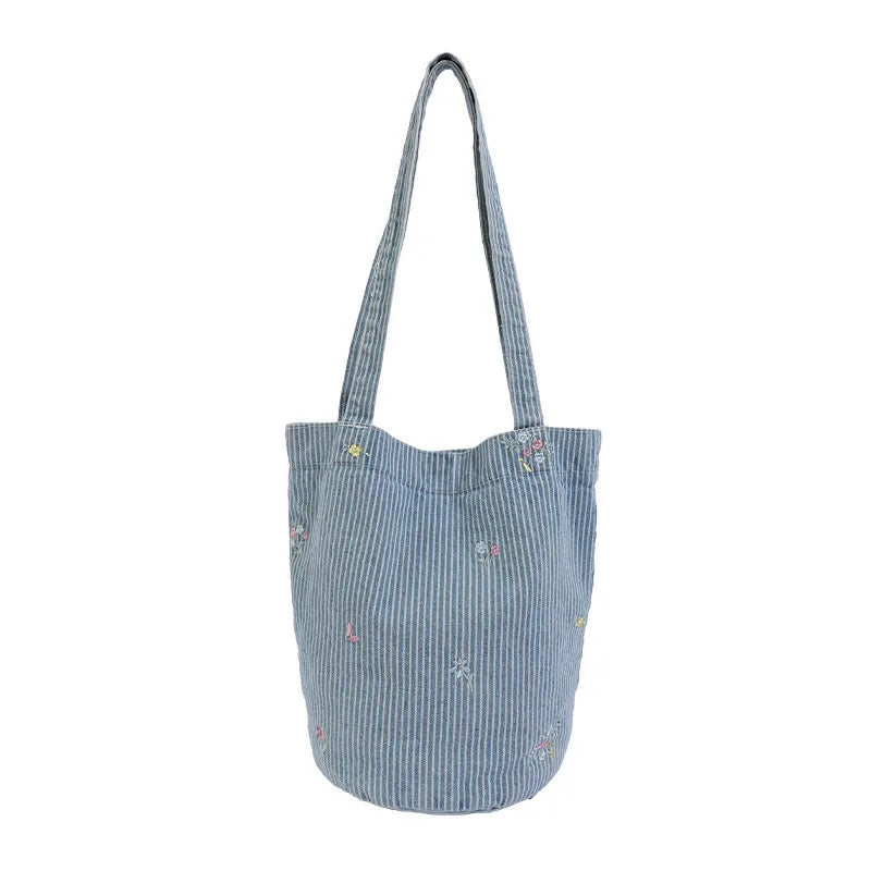 Cherry Embroidered Denim Bucket Bag – Large Tote Crossbody Denim Bucket Bag Nixie BB-1461qianlantiaowe