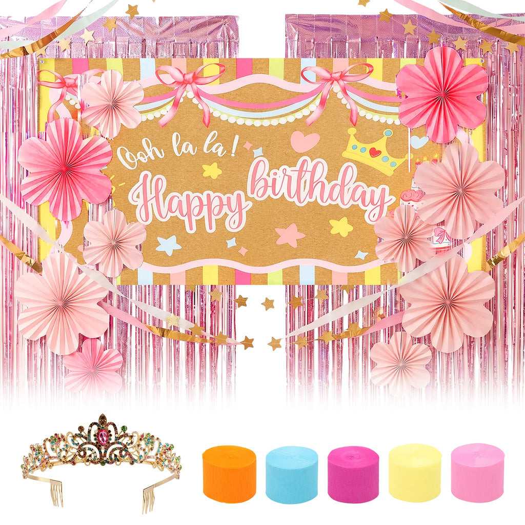 Birthday Party Decoration Kit – Backdrop, Fringe & Crown Party Decoration Kit Nixie