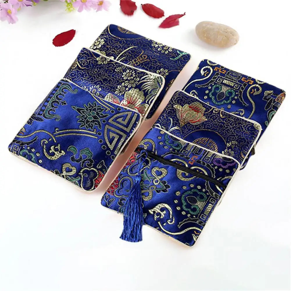 Chinese Brocade Embroidered Tassel Coin & Jewelry Pouch Brocade Zipper Pouch Nixie