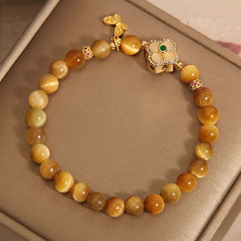 Golden Tiger Eye Four-Leaf Clover Bracelet | Women's Gift Gemstone Strand Bracelet Nixie