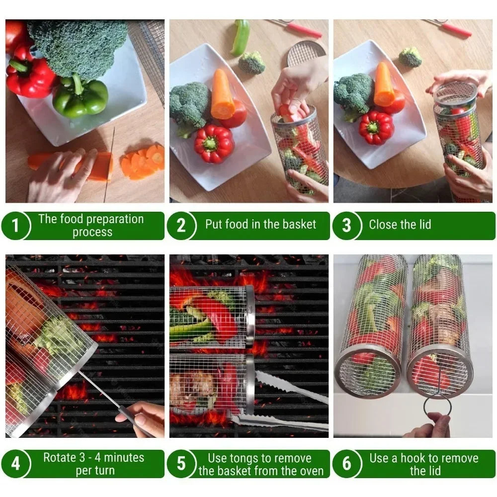 Rolling BBQ Grill Basket – Stainless Steel Cylindrical Mesh Rack