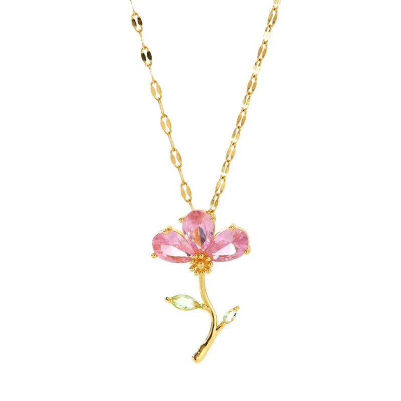 Pink Zircon Leaf Flower Choker Pendant Necklace | Nixie Pendant Necklace Nixie