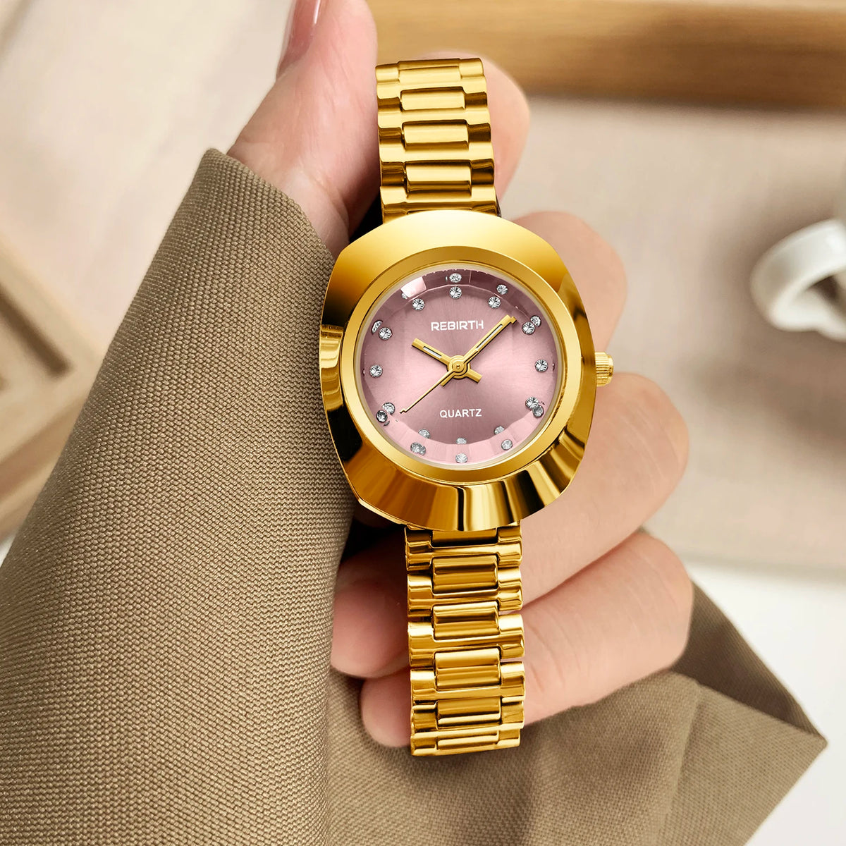 REBIRTH Gold Stainless Steel Quartz Watch – Casual Fashion Quartz Wristwatch Nixie
