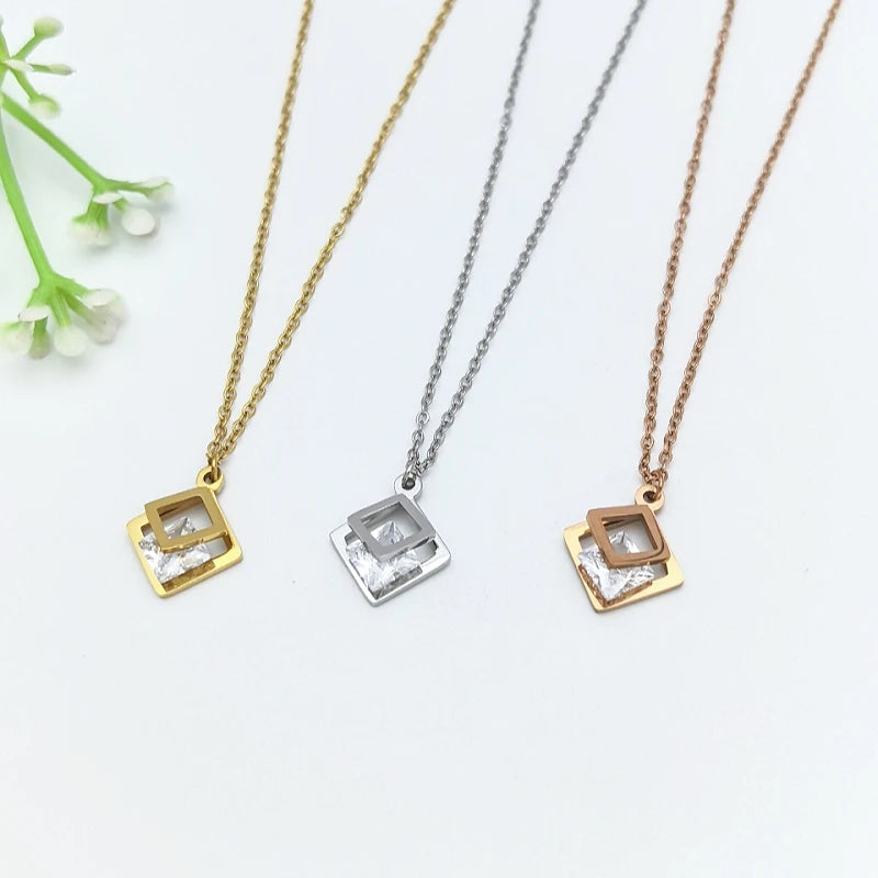 Double Layer Square Pendant Necklace – Stainless Steel Chain