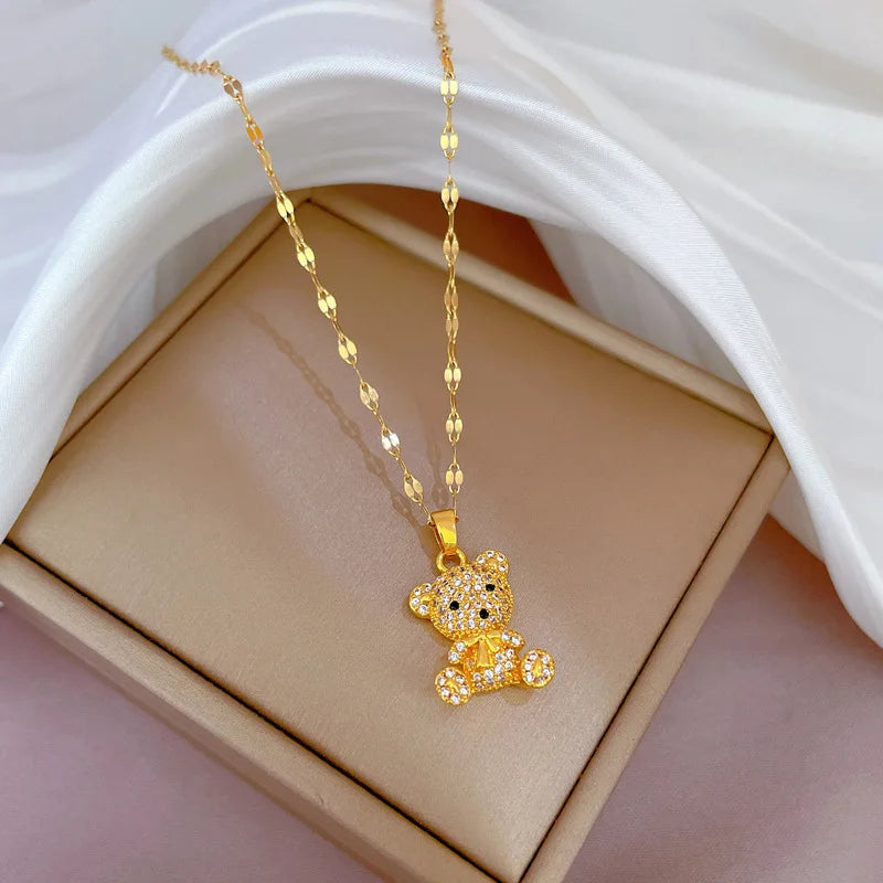 Luxury Bear Pendant Necklace – Gold Stainless Steel Clavicle Chain Pendant Necklace Nixie