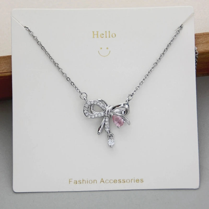 Pink Diamond Bow Pendant Necklace | Light Luxury Copper Pendant Necklace Nixie