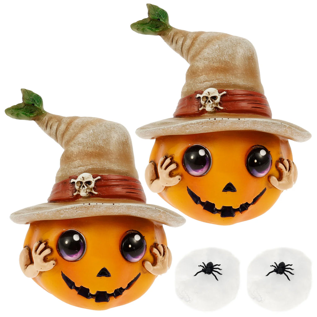 2-Pack Resin Pumpkin Statues with Hat | Halloween Tabletop Decor
