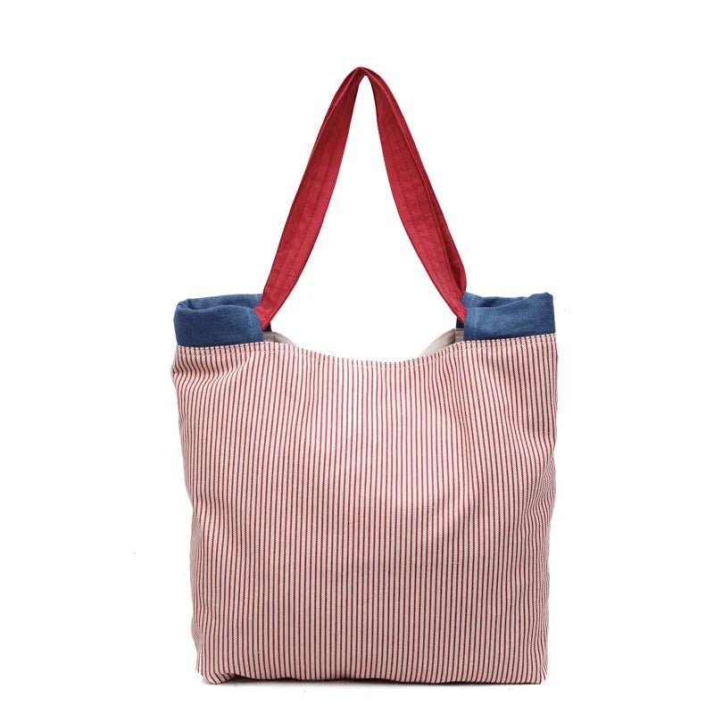 Striped Canvas Tote Bag – Large Color-Block Shoulder Bag