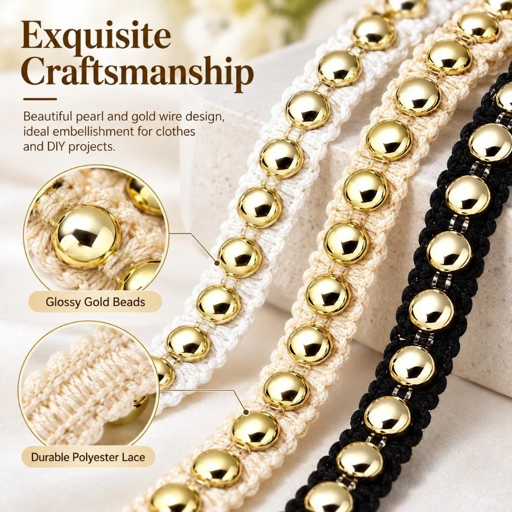 2-Yard Polyester Lace Trim Gold Thread Pearl Edge DIY Ribbon Lace Fabric Trim Nixie