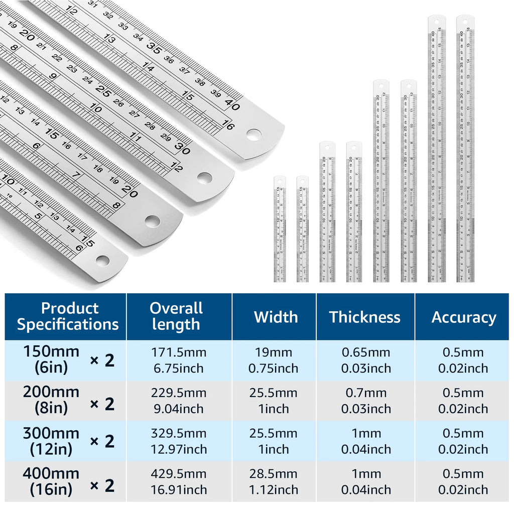 8-Piece Stainless Steel Ruler Set – Metric & Imperial Dual Scale Precision Ruler Set Nixie