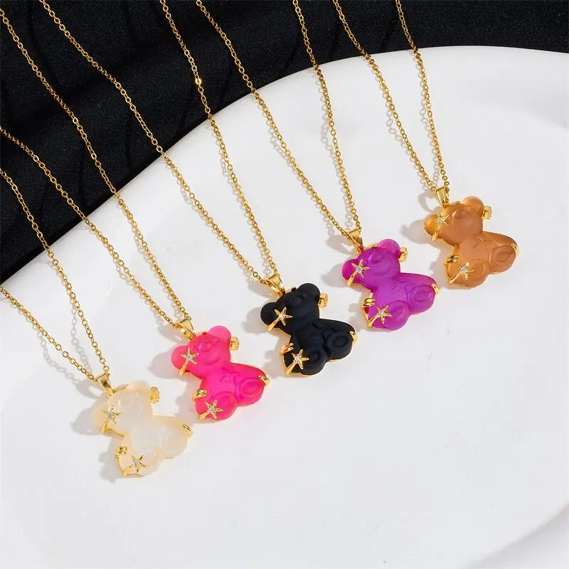 Candy Bear Resin Copper Pendant Necklace | Gold Chain