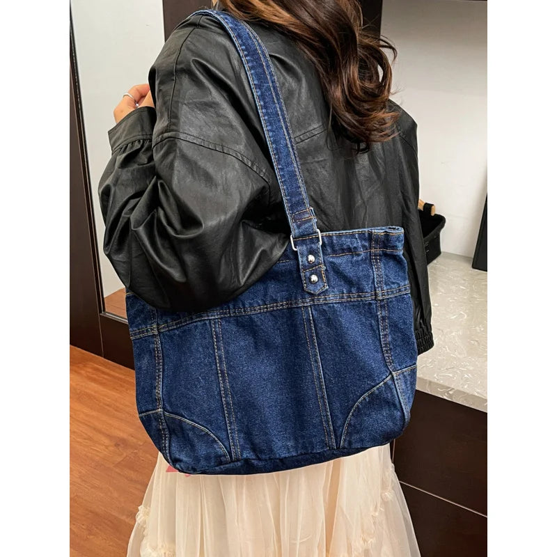 Retro Washed Denim Large-Capacity Shoulder Tote Bag | Women Denim Shoulder Tote Nixie
