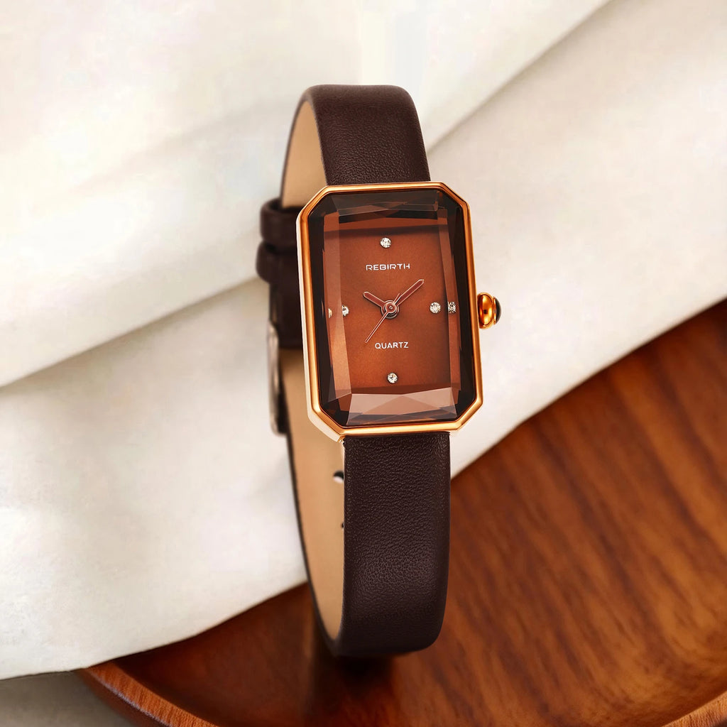 REBIRTH Retro Quartz Watch – Leather Band, Rectangle Dial Quartz Wristwatch Nixie