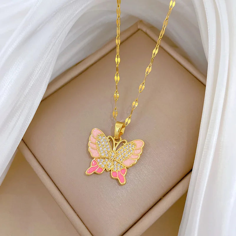 Zircon Butterfly Pendant Necklace | Gold Stainless Steel Pendant Necklace Nixie