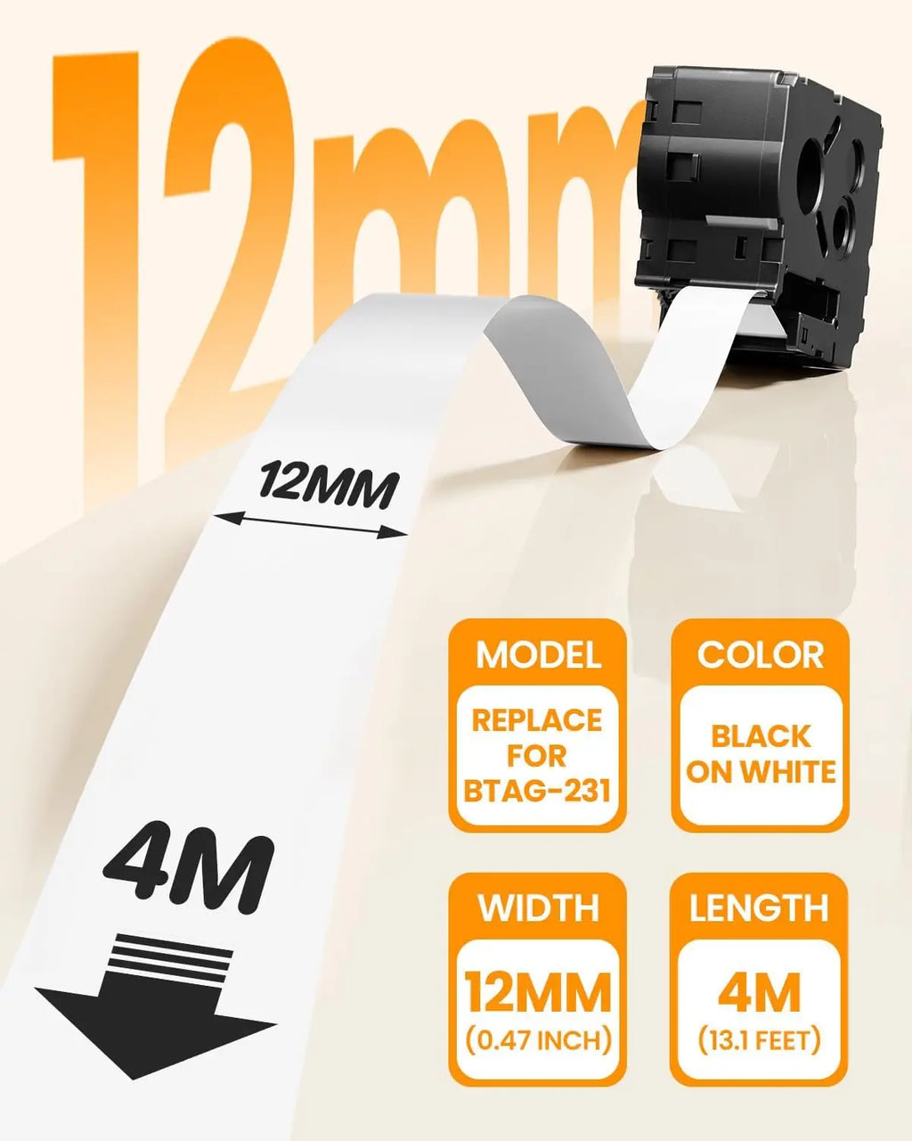 12mm Black on White Label Tape – Brother Btag-231 Compatible Label Printer Tape Nixie