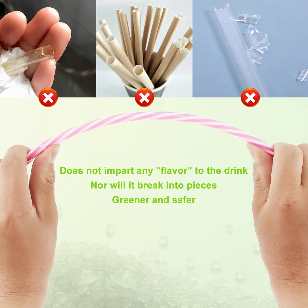 24Pcs Reusable Candy-Striped Plastic Drinking Straws + Brush