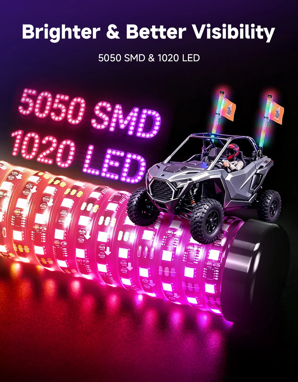 3FT RGB LED Whip Lights for UTV ATV – IP67, Brake & Turn Signal LED Whip Lights Nixie