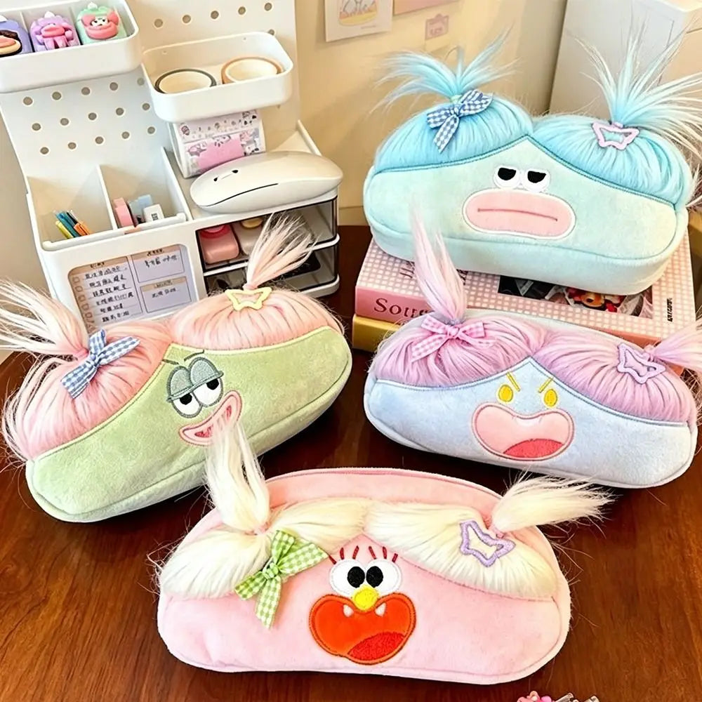 Cute Ugly Plush Pencil Case with Ponytail – Stationery Pouch Plush Pencil Case Nixie