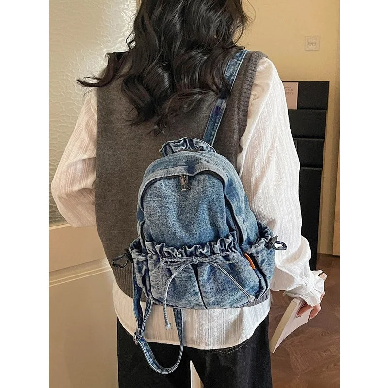 Vintage Washed Distressed Denim Mini Backpack for Women Denim Mini Backpack Nixie