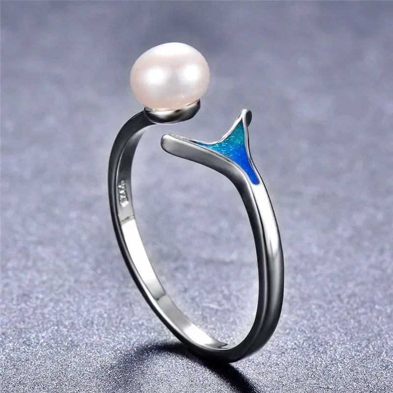 Mermaid Tail Adjustable Pearl Ring – Silver-Plated Women's Ring Fashion Ring Nixie