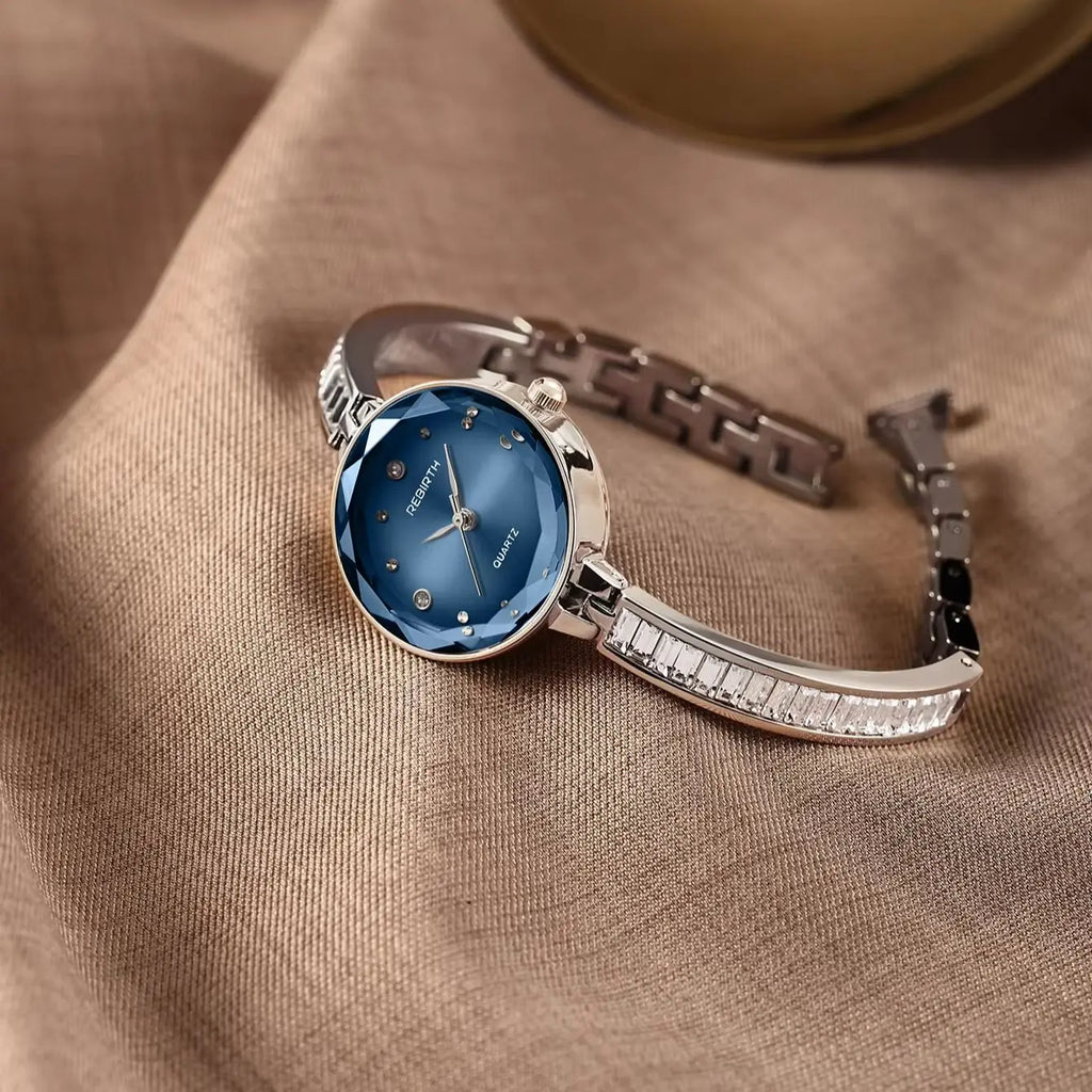 REBIRTH Women's Blue Dial Diamond Quartz Watch | Steel Band Women's Quartz Watch Nixie