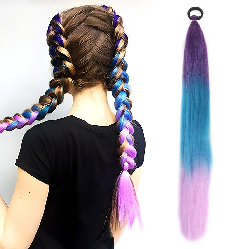 26" Synthetic Ponytail Extension Ombre Pink Purple Blue | Kanekalon Ponytail Hair Extension Nixie 85-1 strip 26inches