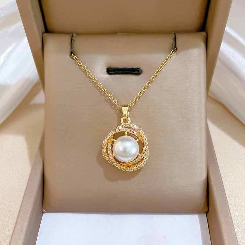 Bird's Nest Imitation Pearl Pendant Necklace | Gold Stainless Steel Pendant Necklace Nixie