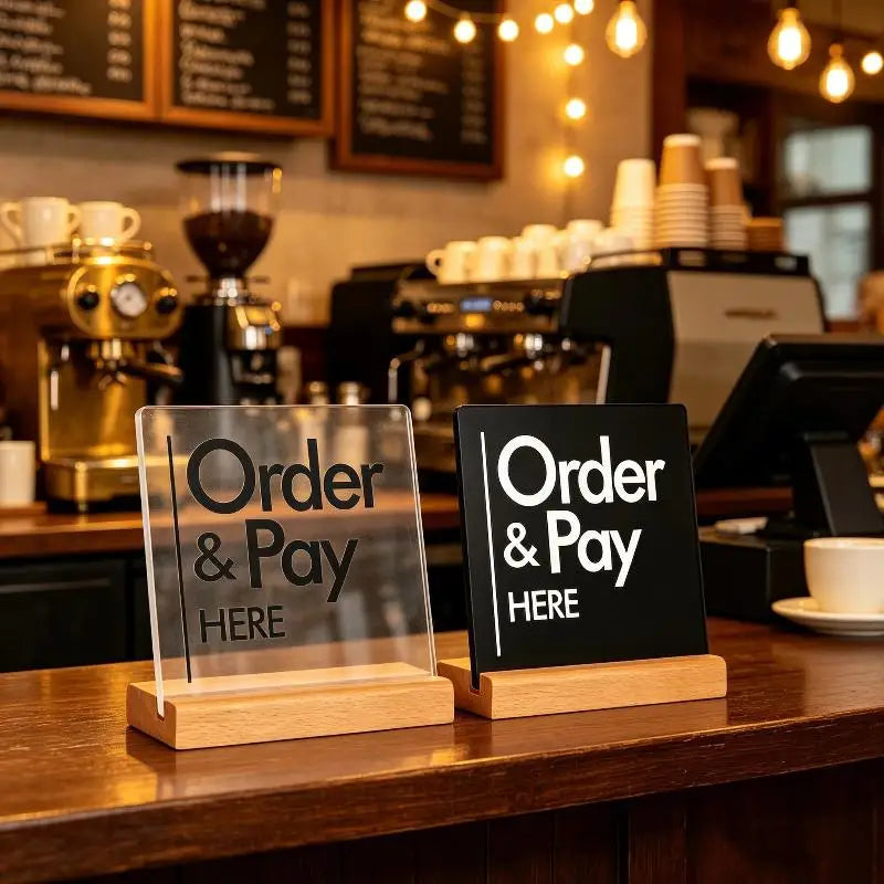 Acrylic Order & Pay Here Desk Sign with Wood Base | Double Sided Tabletop Desk Sign Nixie