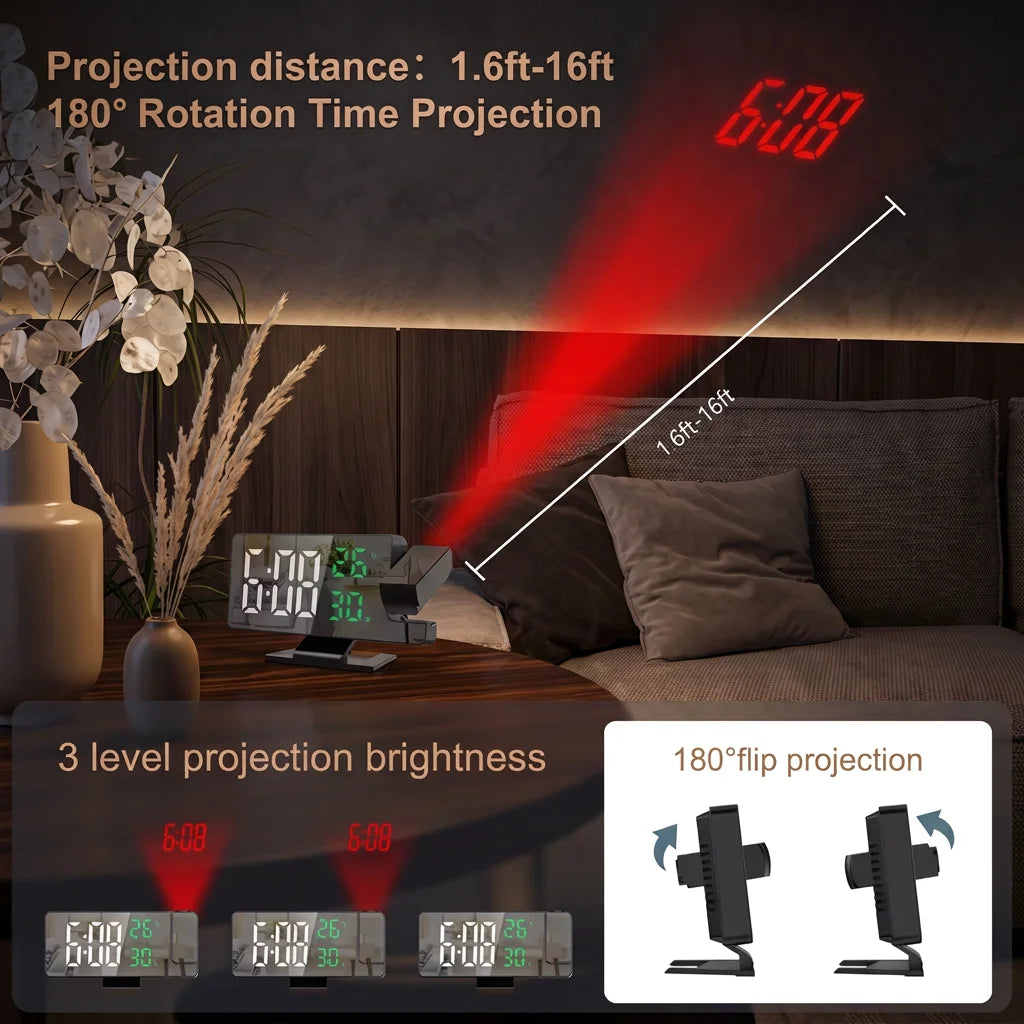 180° Projection Digital Alarm Clock – LED Display & Mirror Projection Alarm Clock Nixie
