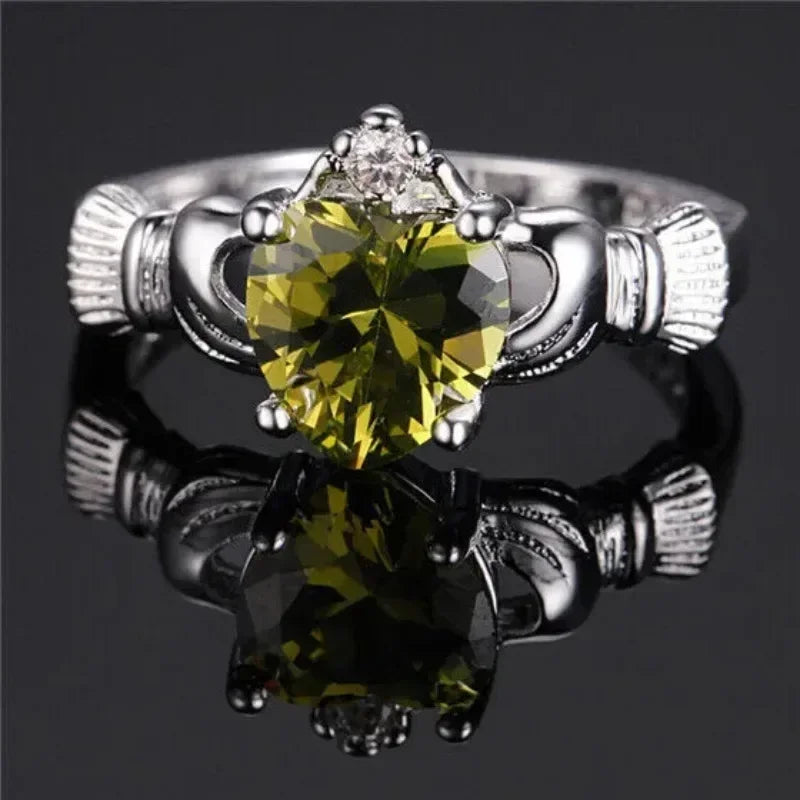 Silver Olive Green Zircon Crown Claddagh Ring | Sizes 6–10