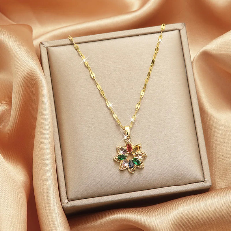 Colorful Zircon Flower Stainless Steel Clavicle Necklace Pendant Necklace Nixie XL1470-30 40cm