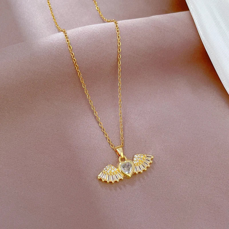 Angel Wings Pendant Necklace – Gold Stainless Steel & Zircon Pendant Necklace Nixie