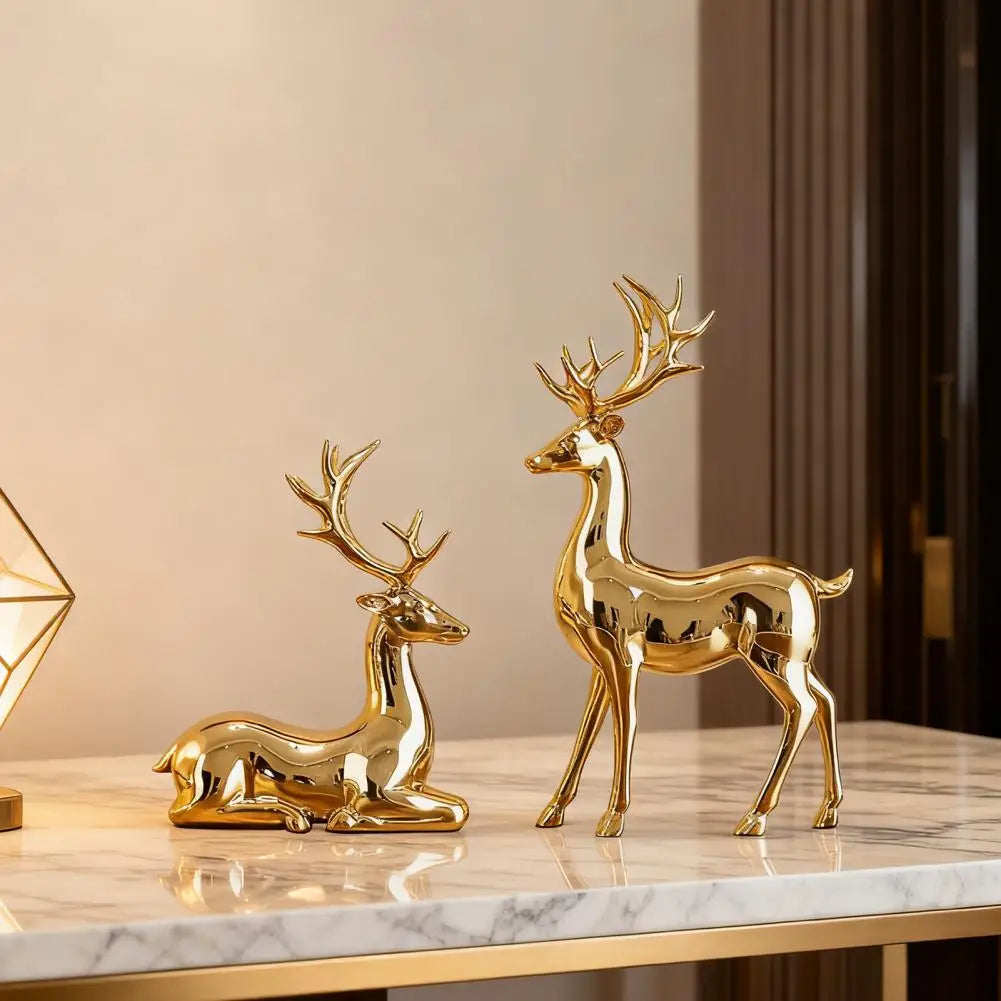 Gold Christmas Reindeer Statue Pair – Elk Figurine Home Décor Holiday Figurine Set Nixie