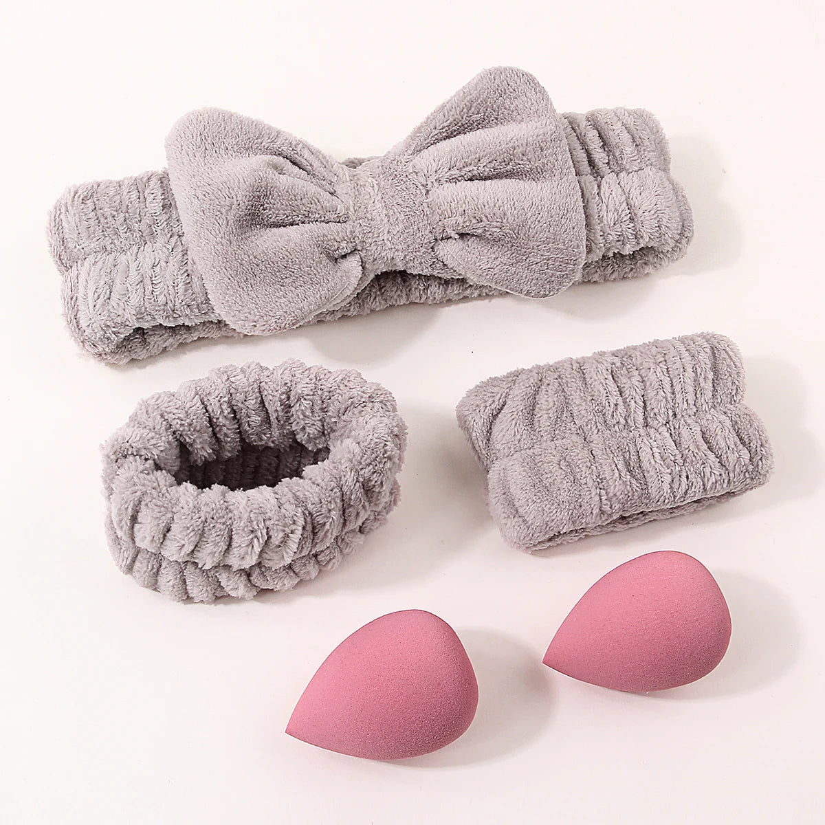 5-Pc Coral Fleece Bow Headband & Wristband Spa Set Spa Headband Set Nixie