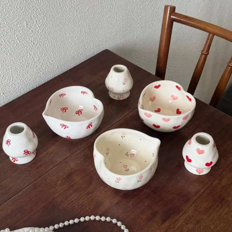 Heart Print Ceramic Matcha Bowl & Whisk Holder Set – 2Pcs Ceramic Matcha Set Nixie