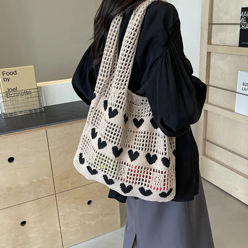 Nixie Heart-Shaped Knitted Tote Bag – Large Woven Shoulder Bag Knitted Tote Bag Nixie khaki