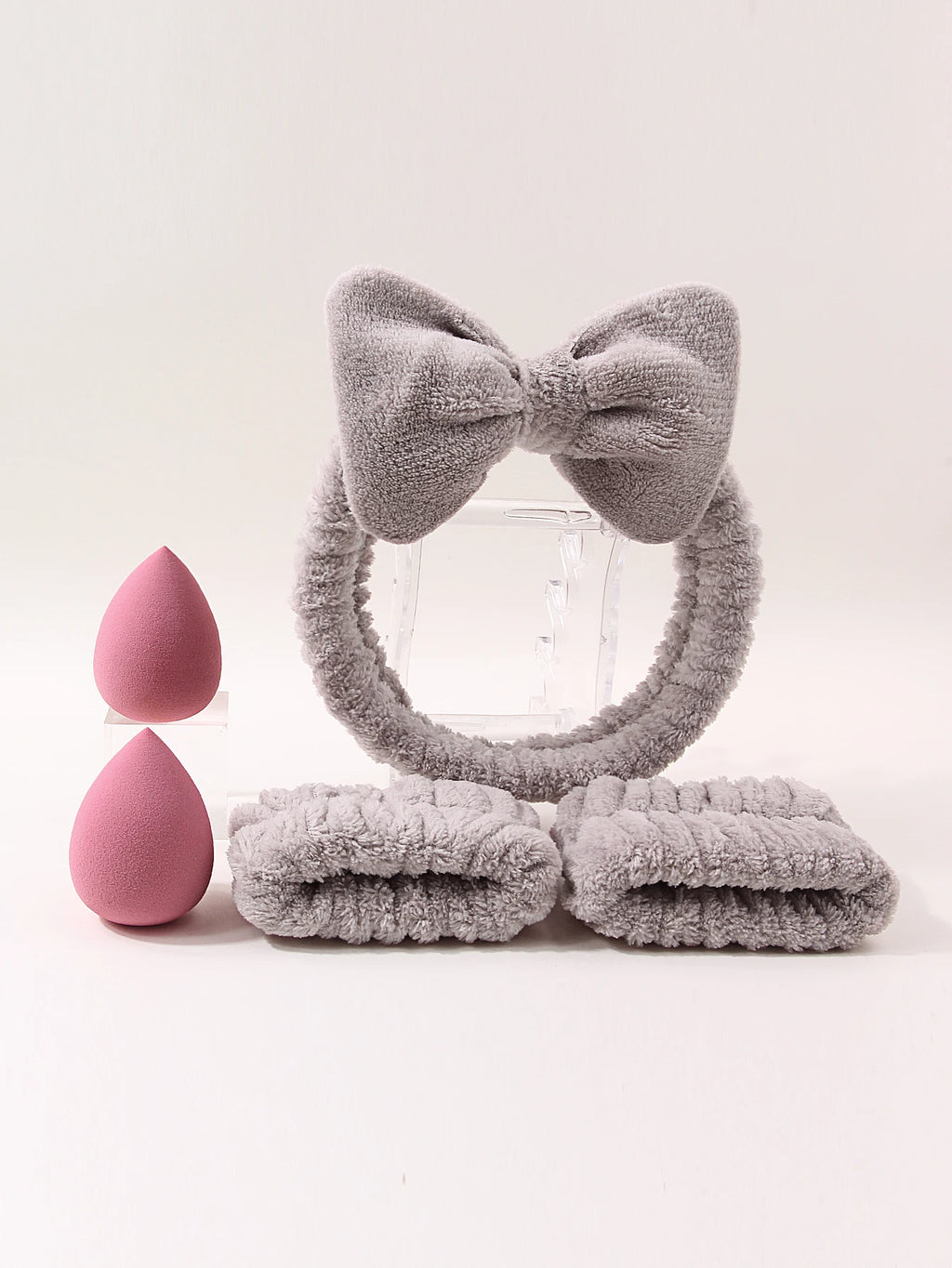 5-Pc Coral Fleece Bow Headband & Wristband Spa Set Spa Headband Set Nixie
