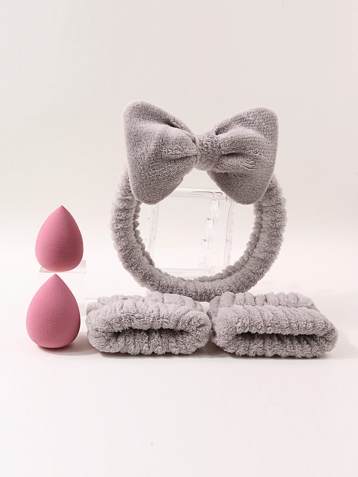 5-Pc Coral Fleece Bow Headband & Wristband Spa Set Spa Headband Set Nixie