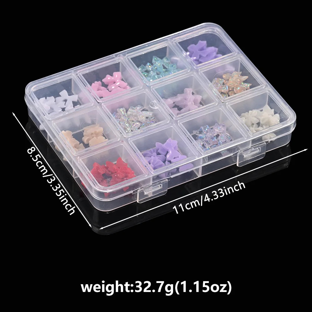 3D Resin Bow Nail Charms 12-Grid Set with Rhinestones & Tweezer Nail Art Charms Nixie