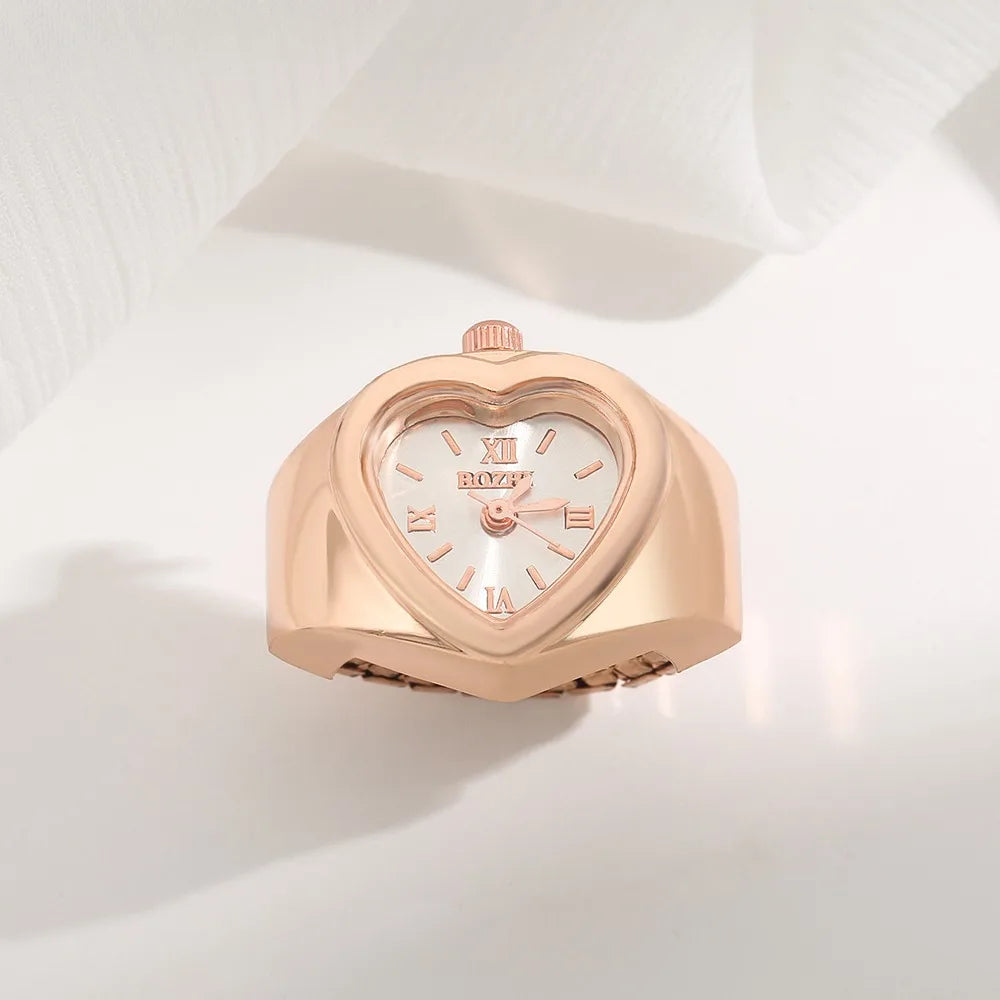 Retro Heart Shape Ring Watch – Stainless Steel Quartz Clock Ring Watch Nixie Rose Gold White