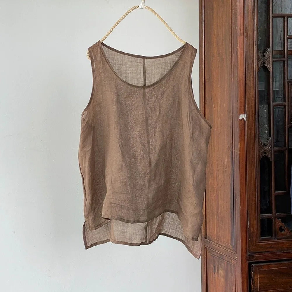 Women's Cotton Linen Sleeveless Vest – Loose Fit Tank Top Women's Tank Top Nixie Coffee One Size