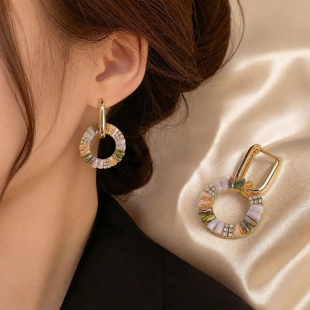Rhinestone Circle Drop Earrings – Detachable Vintage Hoops