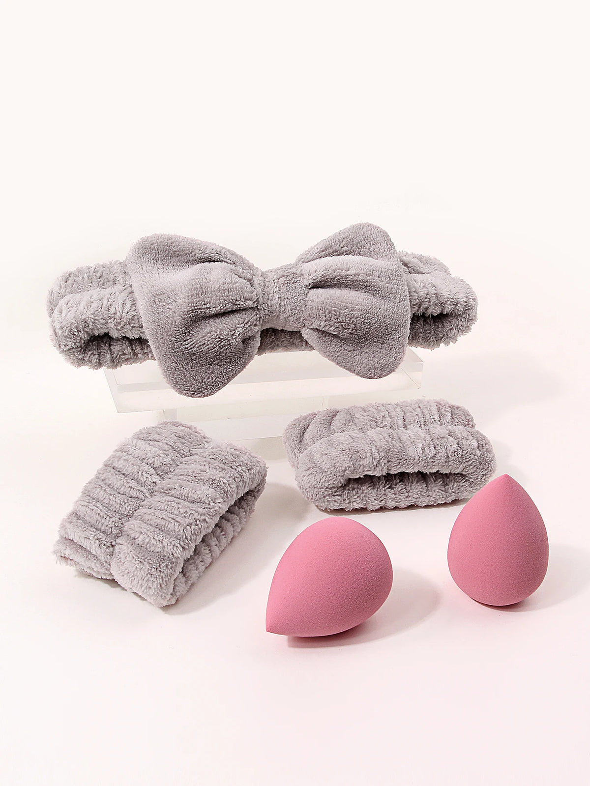 5-Pc Coral Fleece Bow Headband & Wristband Spa Set Spa Headband Set Nixie
