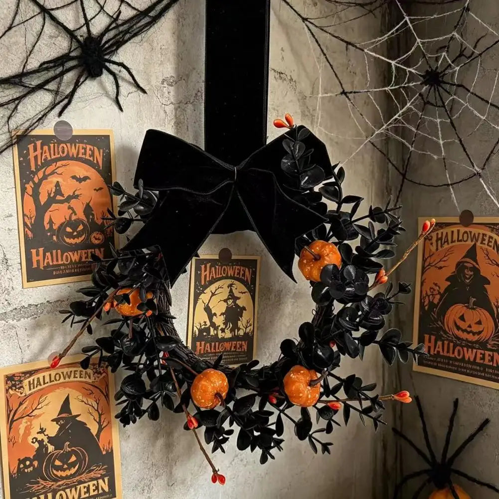 9-Inch Black Halloween Pumpkin Wreath with Velvet Bow Halloween Wreath Nixie