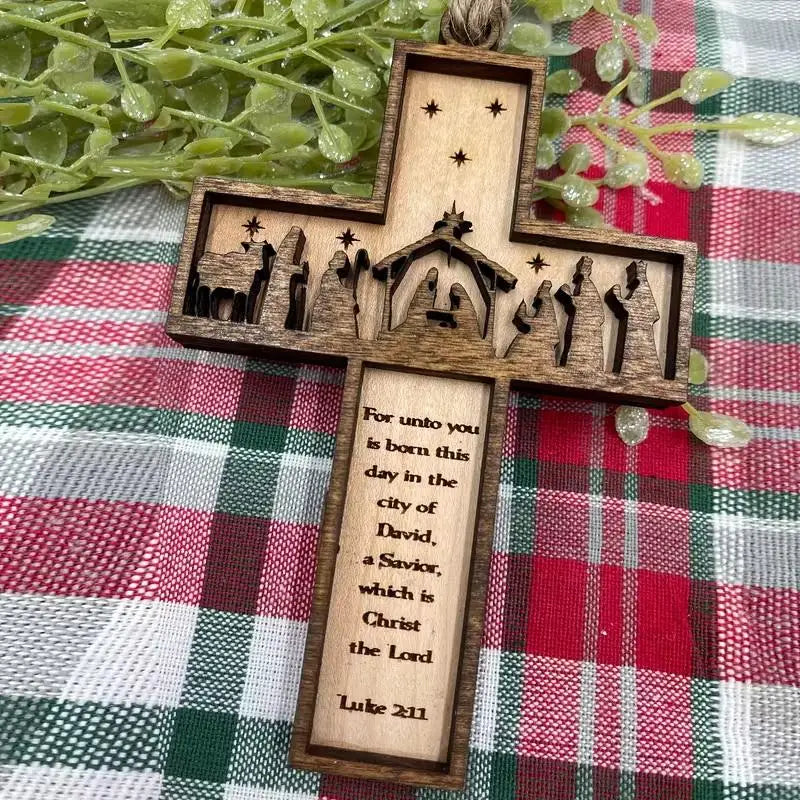 3D Nativity Wooden Cross Ornament – Handmade Christmas Decor Christmas Tree Ornament Nixie